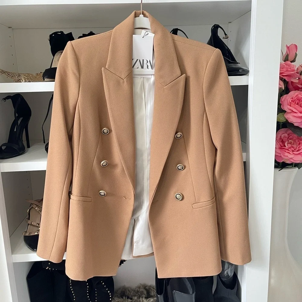 NEW WOMAN DOUBLE-BREASTED PIQUÉ BLAZER TAILORED JACKET CAMEL  XS